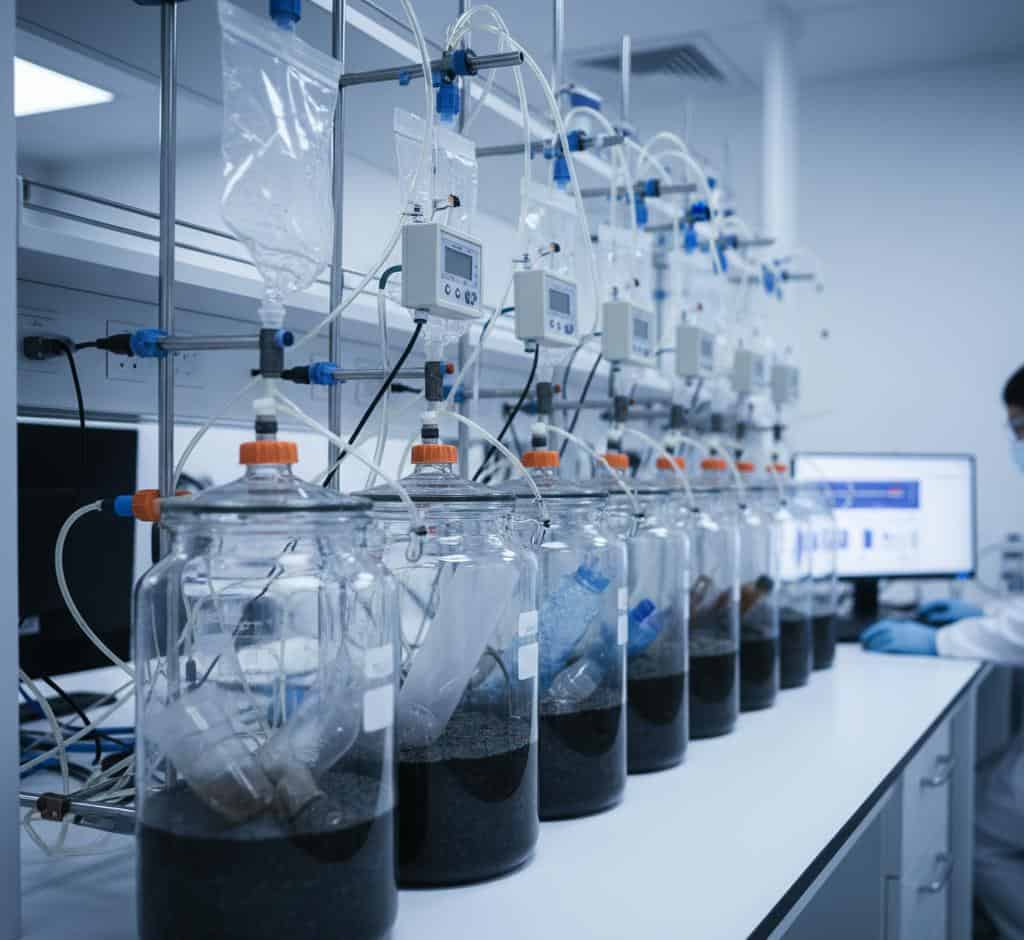 Soil testing Laboratory soil reactors used for ASTM D5338 and ASTM D5988 biodegradability testing, showing controlled composting and soil incubation setups.