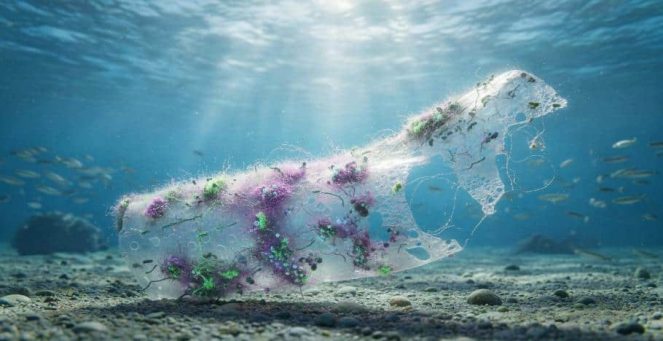 Ocean Marine biodegradability seawater testing showing laboratory flasks and ocean simulation for ISO 16221 and OECD 306 standards.