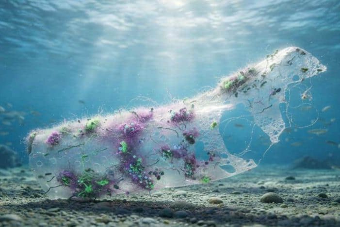 Ocean Marine biodegradability seawater testing showing laboratory flasks and ocean simulation for ISO 16221 and OECD 306 standards.