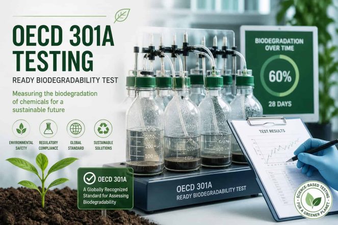 OECD 301A OECD 301A biodegradability testing illustration showing laboratory equipment measuring aerobic degradation of organic compounds in a controlled aqueous environment for environmental compliance assessment.