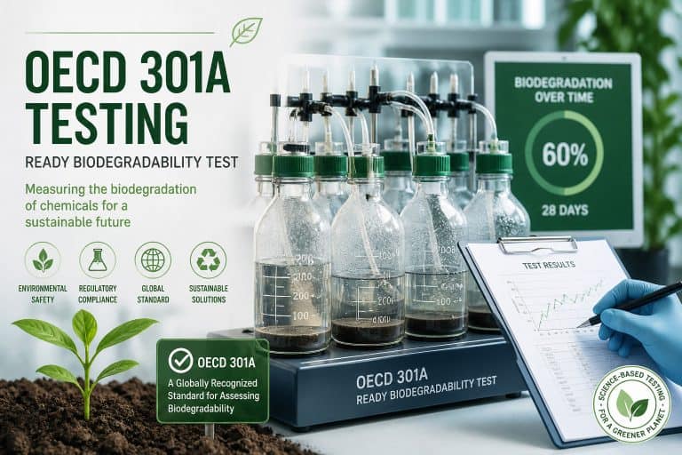 OECD 301A OECD 301A biodegradability testing illustration showing laboratory equipment measuring aerobic degradation of organic compounds in a controlled aqueous environment for environmental compliance assessment.