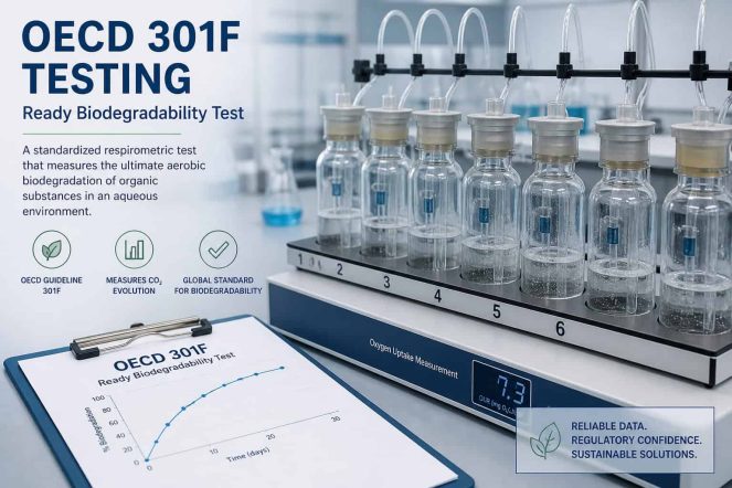 OECD 301F OECD 301F biodegradability testing in a modern laboratory showing respirometry equipment measuring oxygen uptake for ready biodegradability assessment