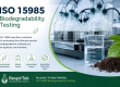 ISO 15985 biodegradability testing laboratory setup with scientific glassware, environmental testing equipment, and sustainable materials used for aerobic biodegradation analysis of plastics in aqueous environments.