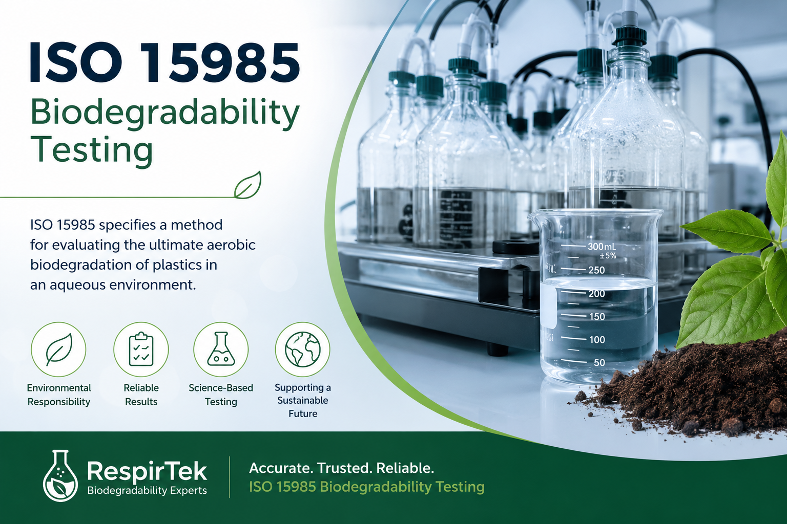 ISO 15985 ISO 15985 biodegradability testing laboratory setup with scientific glassware, environmental testing equipment, and sustainable materials used for aerobic biodegradation analysis of plastics in aqueous environments.