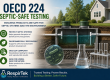 OECD 224 septic-safe testing illustration showing a residential septic system, laboratory glassware, and beneficial microorganisms used to evaluate product safety for septic systems.