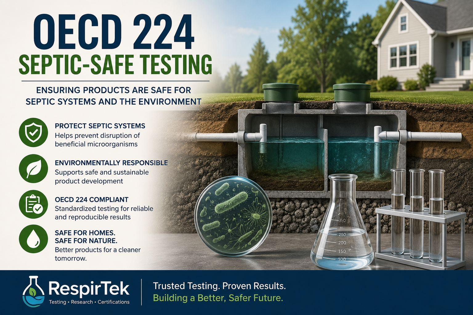OECD 224 Septic-Safe Testing | RespirTek OECD 224 septic-safe testing illustration showing a residential septic system, laboratory glassware, and beneficial microorganisms used to evaluate product safety for septic systems.