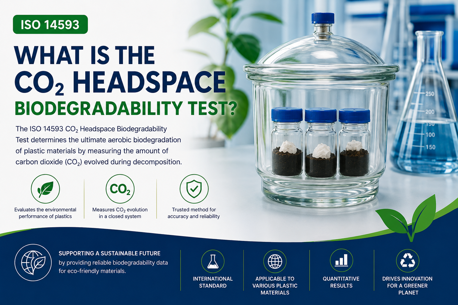 ISO 14593 CO₂ Headspace Biodegradability Test ISO 14593 CO₂ headspace biodegradability test laboratory setup measuring carbon dioxide evolution