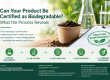 Biodegradability certification testing process showing laboratory analysis, product assessment, and certification