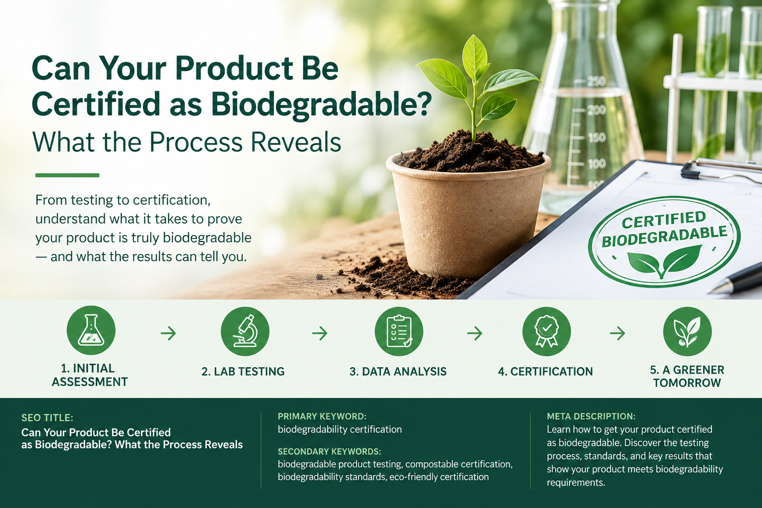 Biodegradability Certification Testing Process Biodegradability certification testing process showing laboratory analysis, product assessment, and certification