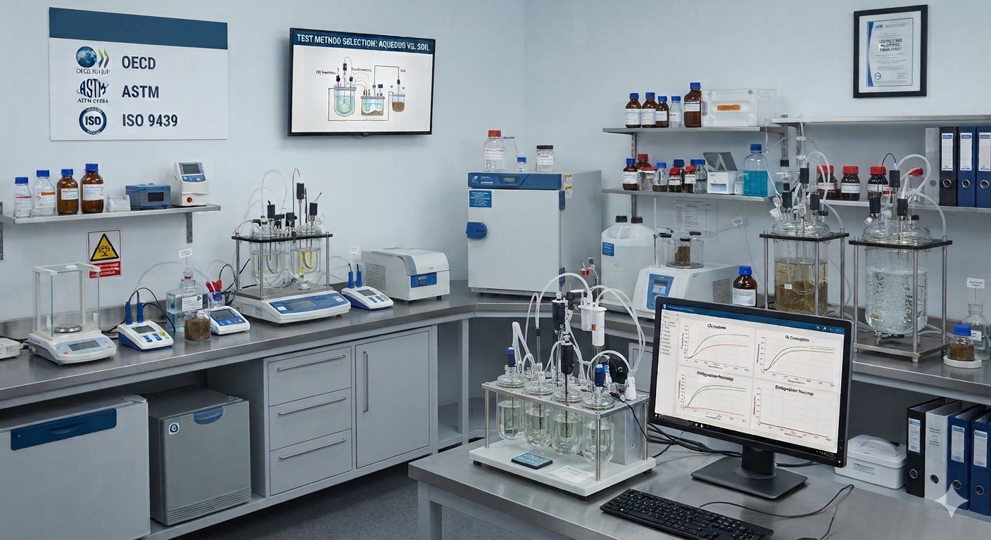 How to Choose the Right Biodegradability Testing Lab & Methods Modern environmental testing lab setup showing specialized apparatus for OECD, ASTM, and ISO biodegradability testing methods.